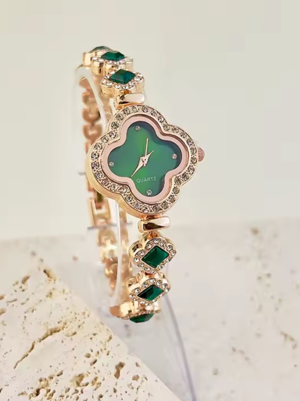 Kohl's Gold-Tone Bracelet Watch with Green Clover Dial and Gem Accents